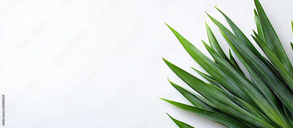 Fresh green onion leaves elegantly arranged in the top left corner against a clean white background, emphasizing their vibrant color and culinary appeal. Fresh green onion leaves elegantly arranged in the top left corner against a clean white background, emphasizing their vibrant color and culinary appeal.