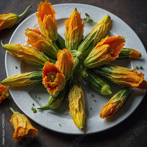 Turkish zucchini flowers, freshly picked, arranged delicately on a white plate.