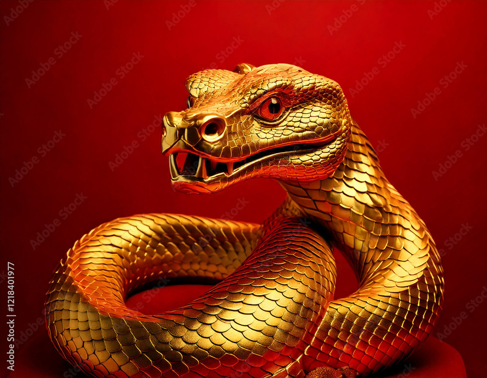Fototapeta premium A golden snake statue isolated on a red background
