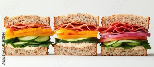 Colorful whole grain sandwiches stacked neatly on a white background showcasing layers of fresh vegetables like cucumber, peppers, and lettuce. photo
