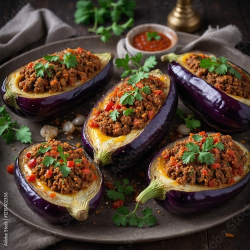 A tray of Turkish karniyarik (stuffed eggplants with minced meat) ready to be served.