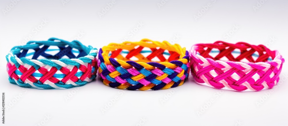 Fototapeta premium Colorful handmade friendship bracelets in vibrant blue, pink, orange on a white background, showcasing intricate woven embroidery and knots.