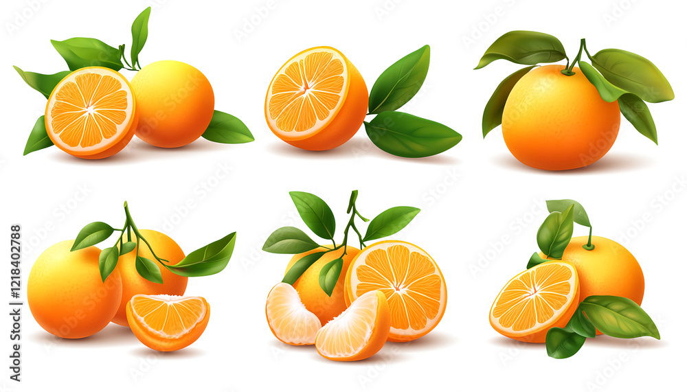 A set of tangerine fruits, both whole and sliced, against a white background. Realistic photography with high resolution and high level of detail. A set of tangerine fruits, both whole and sliced, against a white background. Realistic photography with high resolution and high level of detail.