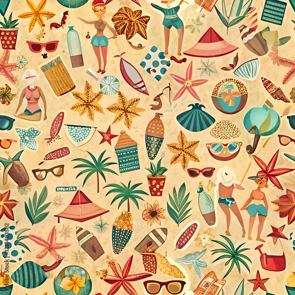 A vibrant seamless pattern featuring summer icons. perfect for your beach-themed projects. A vibrant seamless pattern featuring summer icons. perfect for your beach-themed projects.