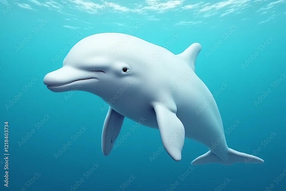 Fototapeta premium A graceful white dolphin swims gracefully through clear blue waters, showcasing its playful nature and sleek form.