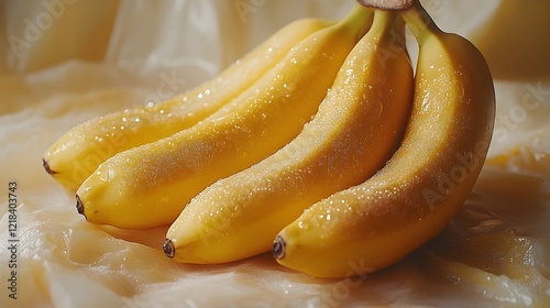 A realistic shot of a fresh bunch of bananas with a clean, smooth yellow peel, isolated on a white background, showcasing the natural curvature and texture of each banana in HD clarity.