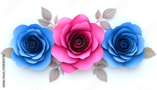 Abstract, colorful paper flowers on a white background, cut-out style, vibrant color palette with pink and blue tones, isolated object, digital art, front view, centered composition, high resolution, 