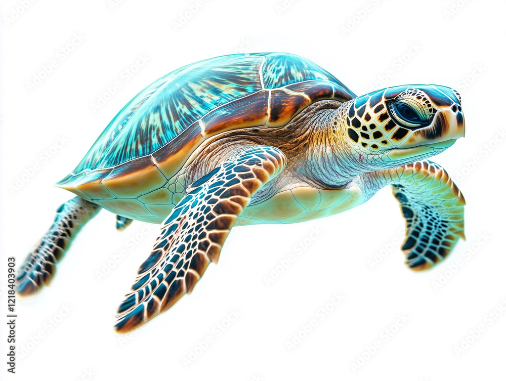 Fototapeta premium Colorful Sea Turtle Gliding Gracefully Through Clear Water in Vibrant Underwater Environment