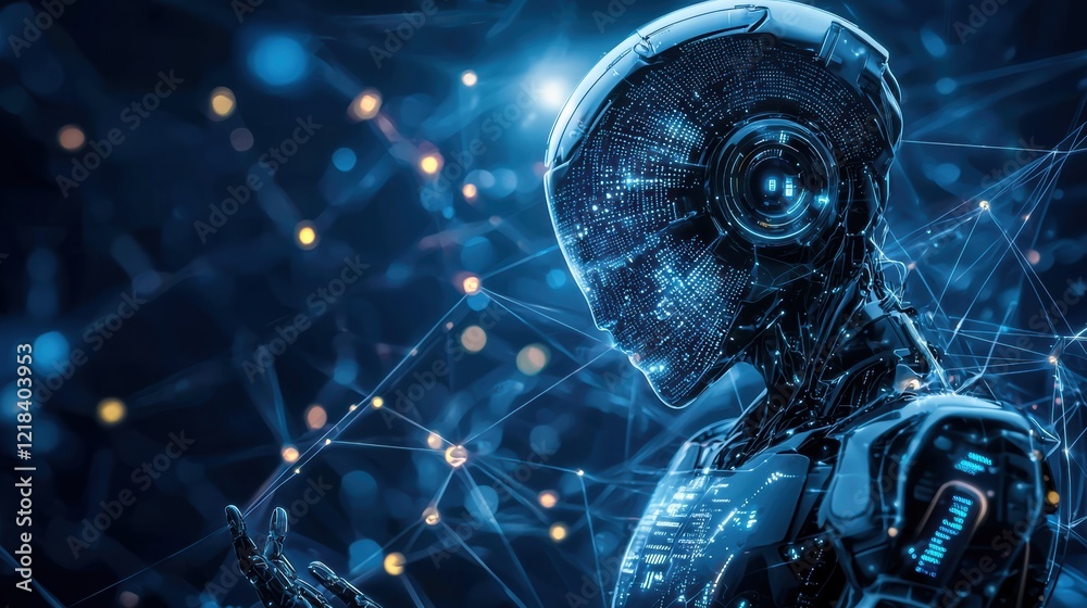 Futuristic robot aids human in data analysis with holographic display Futuristic robot aids human in data analysis with holographic display