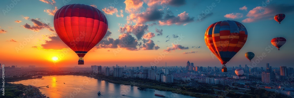 Fototapeta premium Sunset Hot Air Balloons Over Cityscape