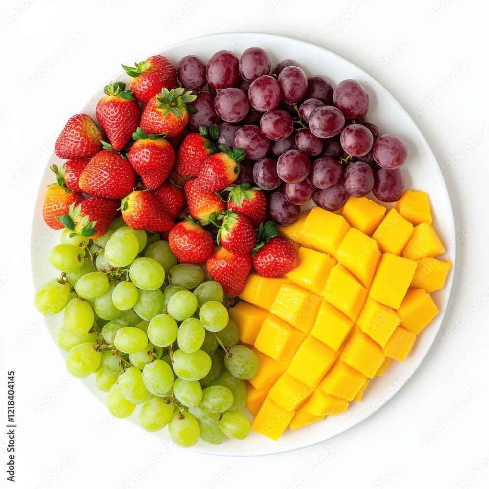A colorful fruit platter with strawberries, grapes, and mango A colorful fruit platter with strawberries, grapes, and mango