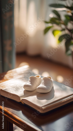 white baby shoes on open book in sunlight on wooden table