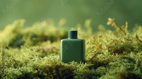 Green bottle placed on vibrant moss in a serene forest setting during daylight