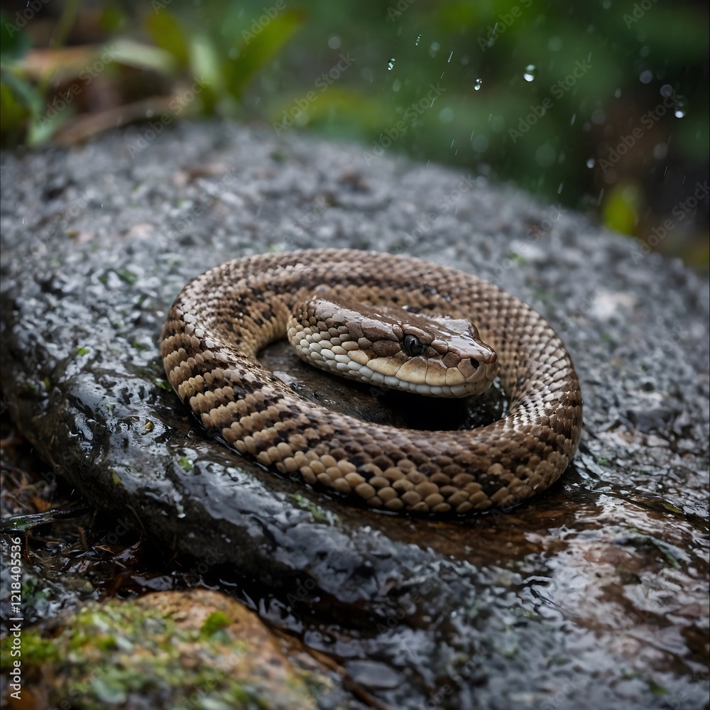 Obraz premium Rain-Kissed Resilience: Rattlesnake Coiled Beneath a Rock Ledge