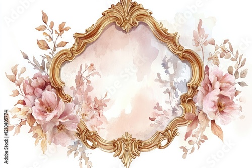 Golden rococo frame decorated with roses and autumn leaves creating elegant composition