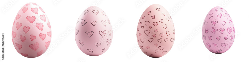 Four decorative pink eggs with heart patterns. Four decorative pink eggs with heart patterns.