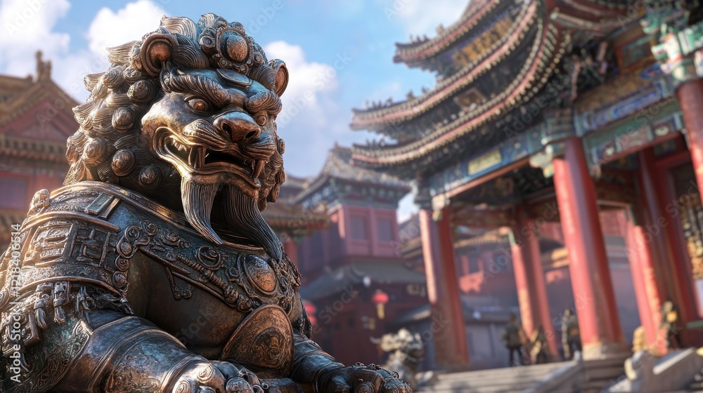 Bronze guardian lion statue in front of ancient Chinese architecture. Bronze guardian lion statue in front of ancient Chinese architecture.