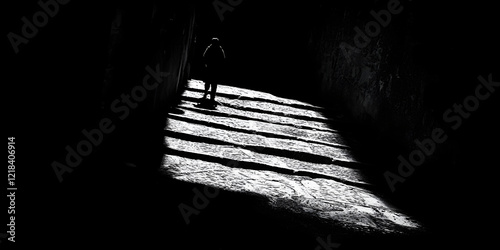 Person walking down narrow path in dark space photo