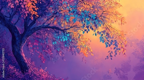 Elegant colorful tree with vibrant leaves hanging branches illustration background. Bright color 3d abstraction wallpaper for interior mural painting wall art dÃƒÂ©cor photo