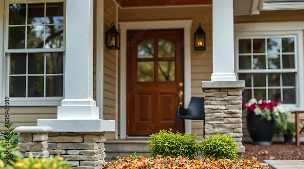 Fototapeta premium Stunning Autumn House Exterior: Modern Design, Stone Columns, and Fall Foliage