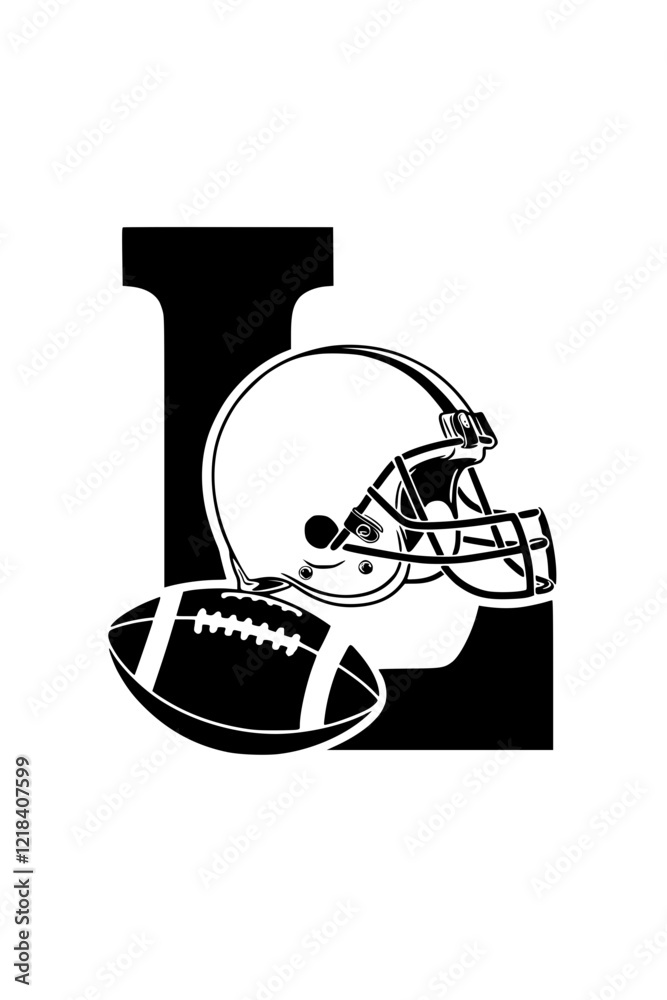 Football helmet and ball with letter L, Black and white illustration featuring the letter L with a football helmet and ball, symbolizing sports, teamwork, and athletic spirit.
Football helmet and ball with letter L, Black and white illustration featuring the letter L with a football helmet and ball, symbolizing sports, teamwork, and athletic spirit.