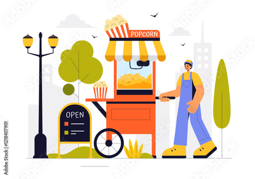 Street Food Festival Event Vector Illustration featuring People and Food Trucks in a Summer Outdoor City Park Marketplace with a Flat Style Background