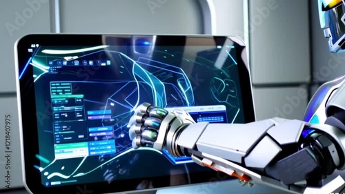 Robot Hand Interacting with Touch Screen Interface 4k video
