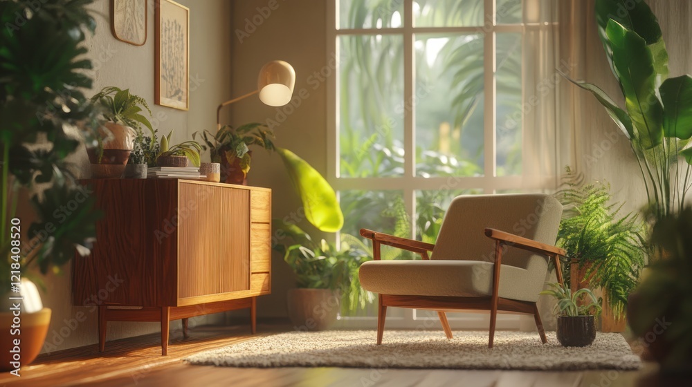 Fototapeta premium Living room interior with luxury armchairs and simple decoration, AI generated image