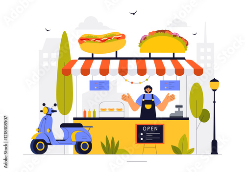 Street Food Festival Event Vector Illustration featuring People and Food Trucks in a Summer Outdoor City Park Marketplace with a Flat Style Background