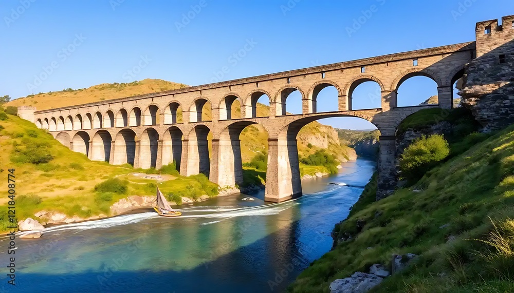 Fototapeta premium Majestic Roman Aqueduct Bridge Over River With Sailboat