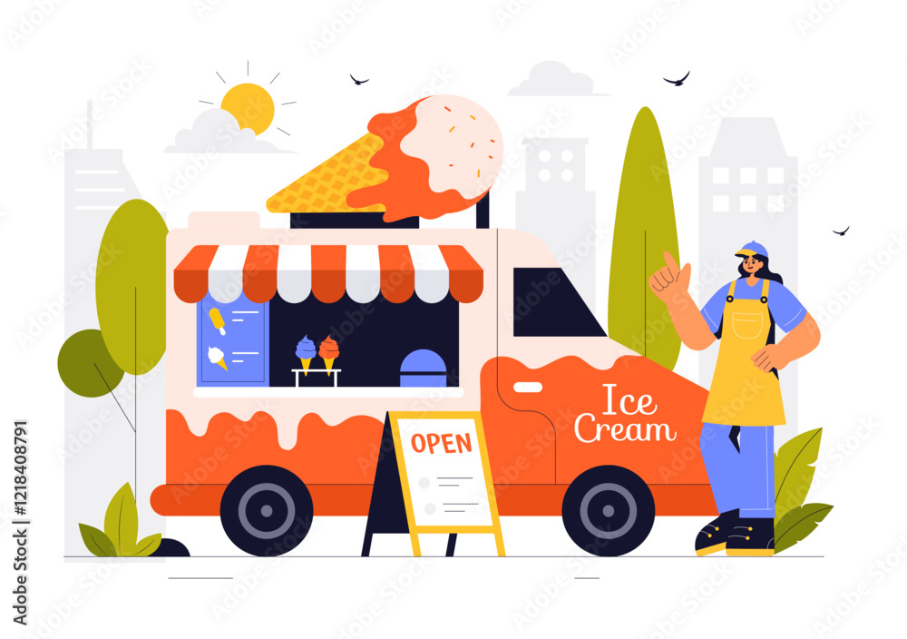 Naklejka premium Street Food Festival Event Vector Illustration featuring People and Food Trucks in a Summer Outdoor City Park Marketplace with a Flat Style Background