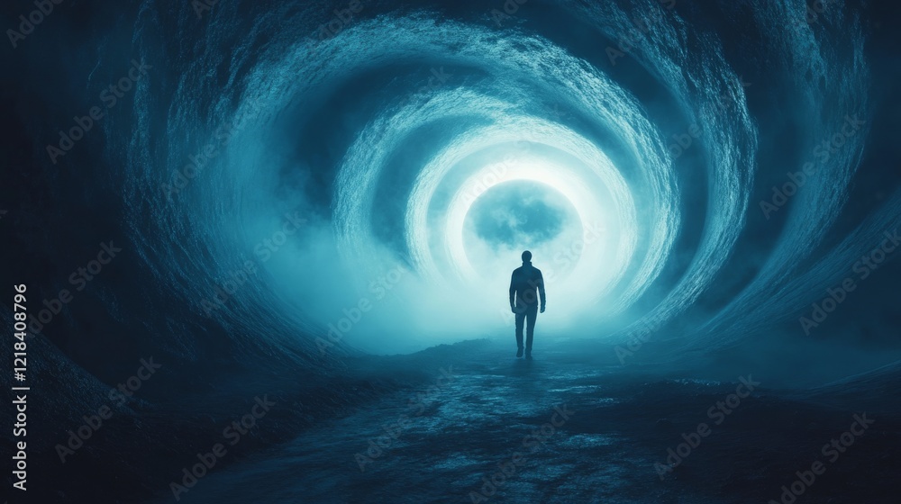 Man Walks Towards a Luminous Celestial Portal Man Walks Towards a Luminous Celestial Portal
