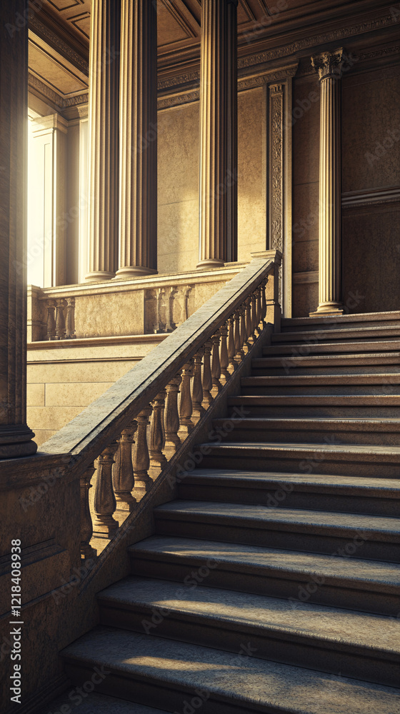 Obraz premium grand staircase with stone columns and railings in elegant classic building interior