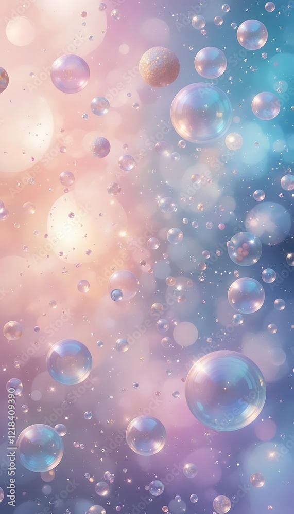 Sparkling iridescent bubbles float in a pastel dreamscape Sparkling iridescent bubbles float in a pastel dreamscape