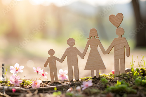 Family of four together in the park, illustration of a father, mother, son, and daughter enjoying time outdoors as a symbol of love and community photo