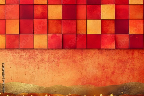 Abstract red and gold textured background with a vibrant square pattern. photo