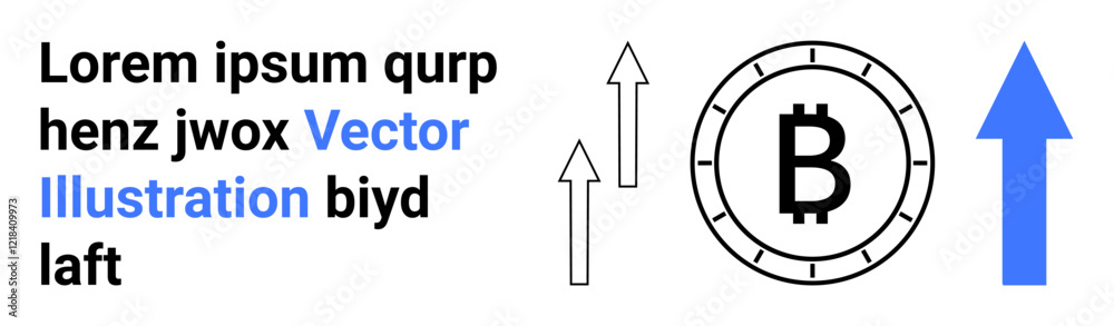 Bitcoin symbol represented as a coin, two black upward arrows, large blue upward arrow, placeholder text. Ideal for fintech, cryptocurrency, investments, economy, technology, digital currency Bitcoin symbol represented as a coin, two black upward arrows, large blue upward arrow, placeholder text. Ideal for fintech, cryptocurrency, investments, economy, technology, digital currency