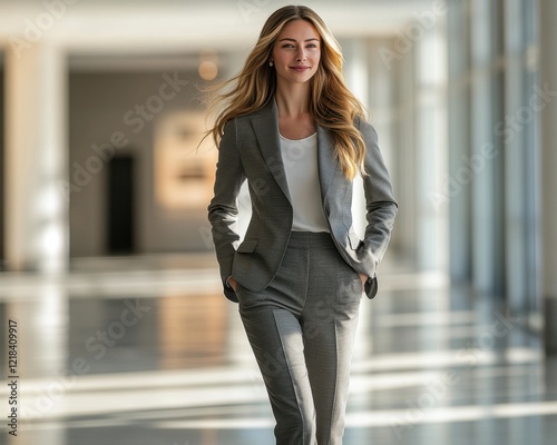 Free Download Confident executive woman in a modern stylish gray suit, striding purposefully through a bright, contemporary corporate office space This image portrays success, ambition, and modern business attire - GFXLoad