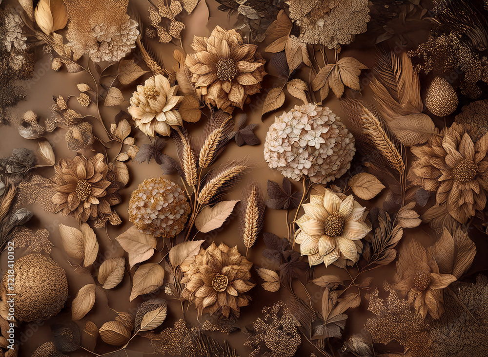 A rich, earthy background showcases an arrangement of meticulously crafted, monochromatic flowers and foliage. The neutral tones create a serene and sophisticated aesthetic. A rich, earthy background showcases an arrangement of meticulously crafted, monochromatic flowers and foliage. The neutral tones create a serene and sophisticated aesthetic.