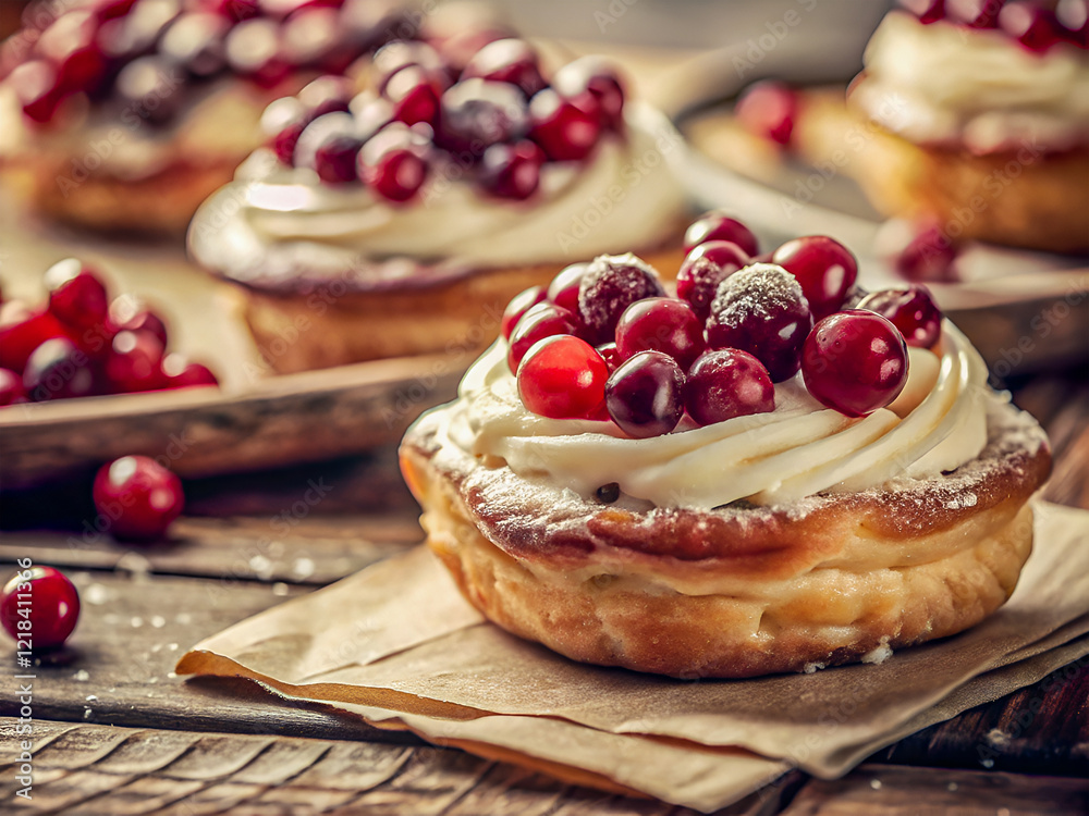 Tasty pastry filled with cream and fresh cranberries. Delicious Food background Tasty pastry filled with cream and fresh cranberries. Delicious Food background
