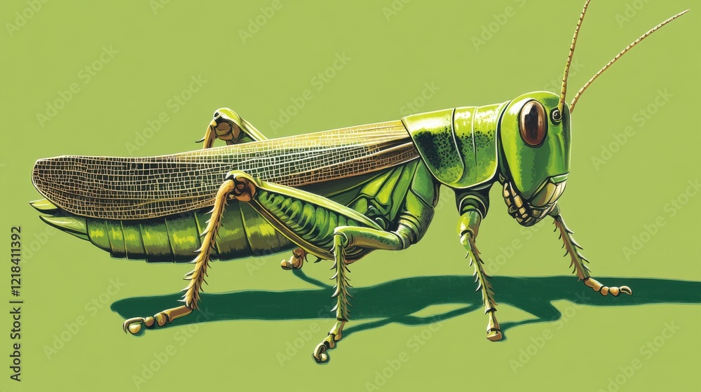 Fototapeta premium Detailed depiction of a green grasshopper on a vibrant background showcasing its unique features and structure