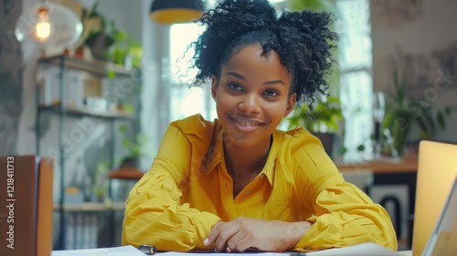 Portrait of Beautiful happy woman in yellow shirt looking at camera in modern office, AI generated image