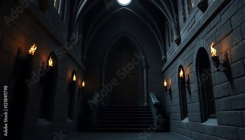 Dark Castle Hallway With Lit Torches And Stairs