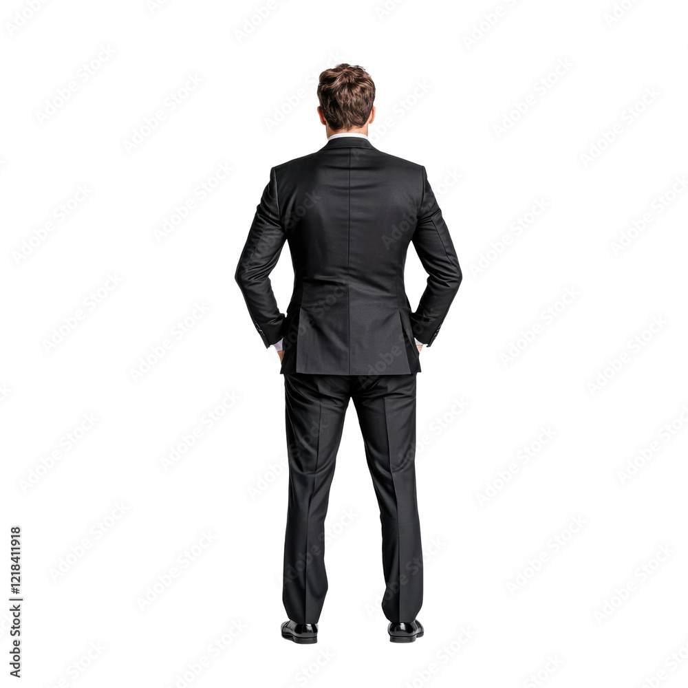 Man in Elegant Black Formal Suit Standing with Confidence Man in Elegant Black Formal Suit Standing with Confidence