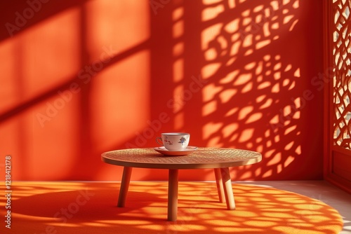 Cena minimalista com decoração asiática tradicional em tons quentes de vermelho e laranja, com xícaras de chá e sombra de flores de cerejeira em um ambiente iluminado, criada com IA generativa.
 photo