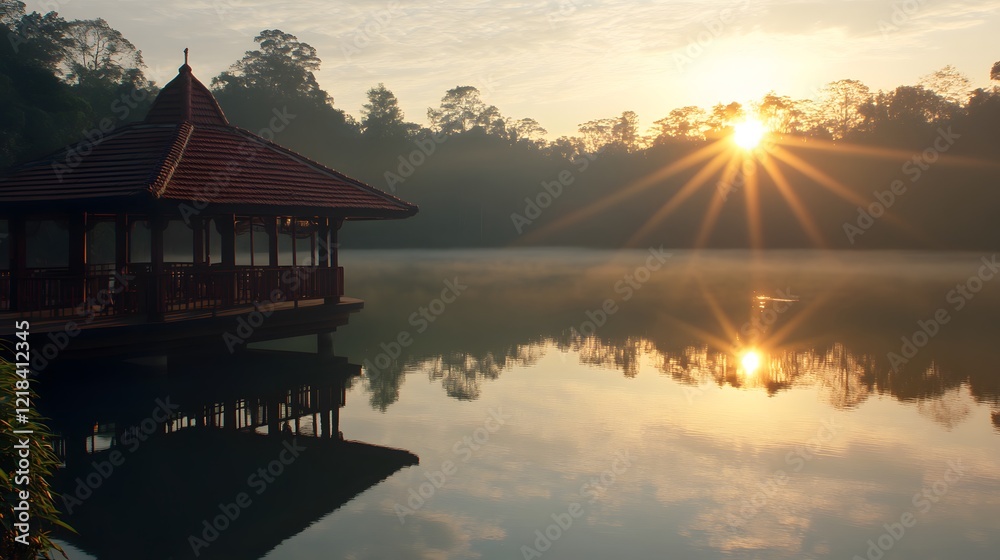 18. A calm morning scene at Pavilion Pha Leuang Resort with the sun rising over the tranquil water 18. A calm morning scene at Pavilion Pha Leuang Resort with the sun rising over the tranquil water
