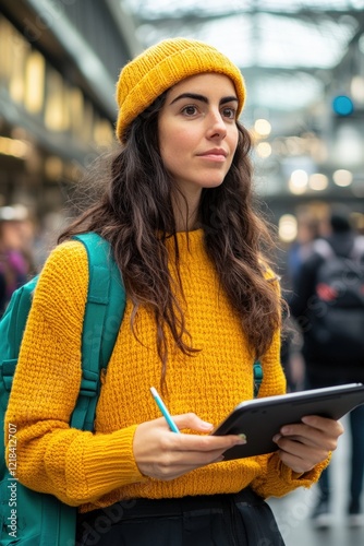 Young woman with tablet and backpack in urban environment, taking notes for study or work, while wearing knitted sweater and yellow beanie. City life, technology, education. photo