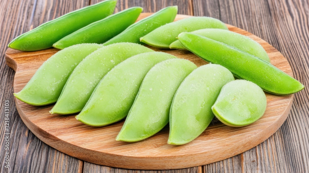 Fresh, vibrant, and healthy looking snow peas arranged neatly on a wooden cutting board. Fresh, vibrant, and healthy looking snow peas arranged neatly on a wooden cutting board.