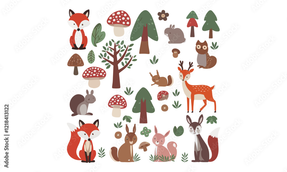 Obraz premium Cute forest animals with mushrooms, trees, and leaves. Perfect for woodland-themed designs and nature projects.