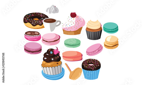 Collection of colorful cupcakes, macarons, donuts, and coffee, perfect for bakery or dessert-themed designs.